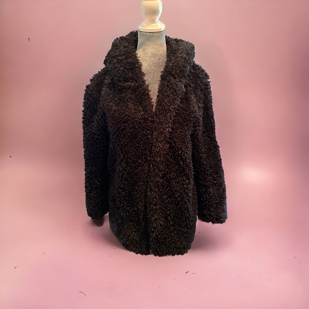 Lightweight faux furry fluffy black hooded  jacket. Size M. Fits like large